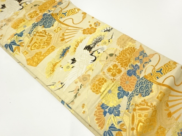 アンティーク　扇に鶴模様織出し丸帯（材料）